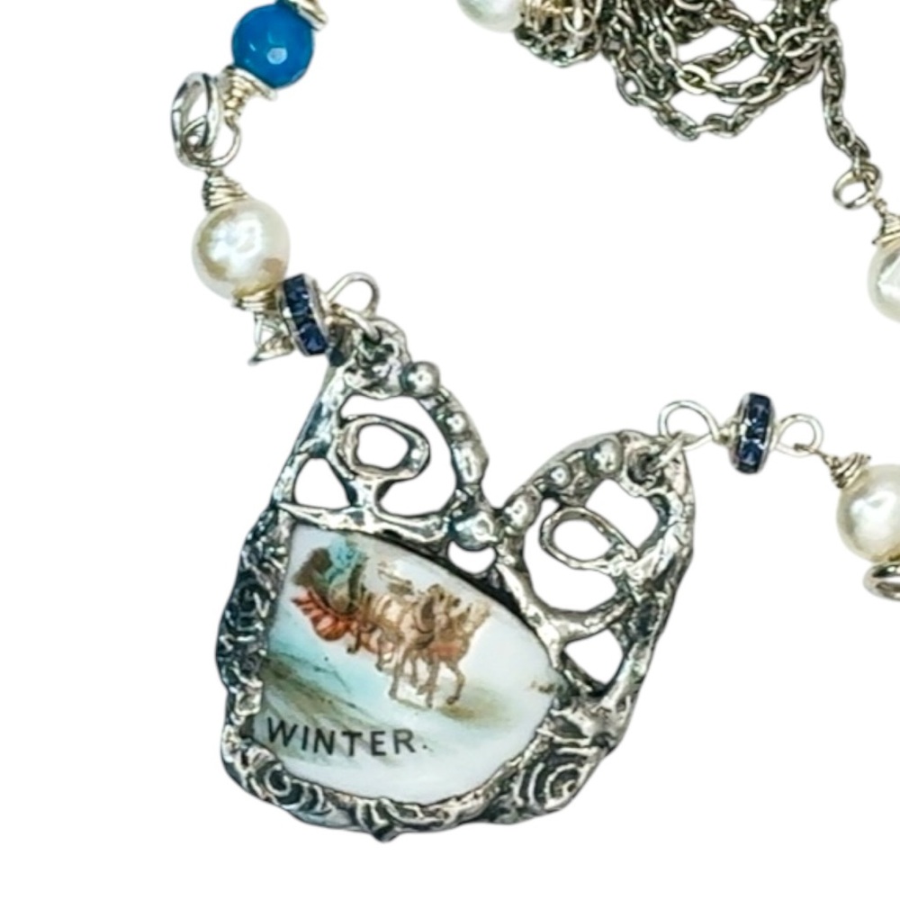 Courier & Ives Winter Pendant Necklace With Brutalist Glam Metalwork & Pearls